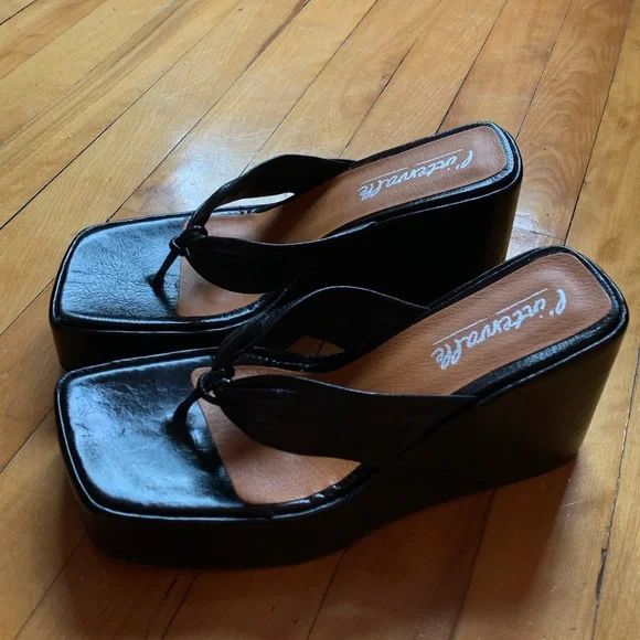 Black Leather Wedge Sandals - Picture 3 of 4